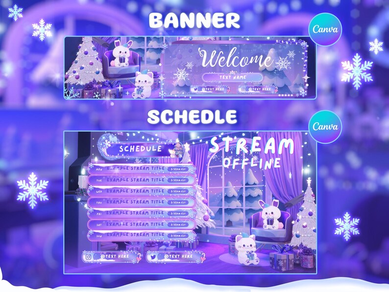 Puede incluir: Dise&ntilde;o digital de banner y horario con tem&aacute;tica invernal. El banner dice "Bienvenido" y el horario dice "Stream Offline". El dise&ntilde;o presenta una combinaci&oacute;n de colores p&uacute;rpura y blanco, copos de nieve y personajes de dibujos animados.