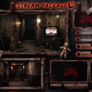 Könnte beinhalten: Ein digitales Stream-Paket im Horror-Stil mit einem rostigen Metallrahmen, Ketten, einer Laterne, einer Voodoo-Puppe und einem Hackbeil. Die Benutzeroberfläche enthält den Text STREAM PACKAGE, STARTING SOON, New Cheer und New Subscriber.