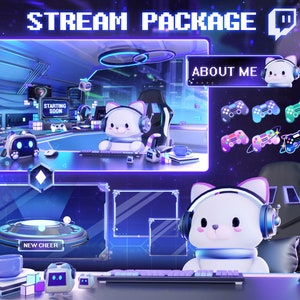 Pacote de sobreposição de fluxo sala de néon para jogos - Twitch Stream Screens - Cat Stream Overlay - Twitch - Bunny Stream - Sobreposições - Roxo - Azul