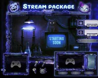 Halloween Ghost Cat Stream Overlay Package Blue color : Lofi Twitch Screens (Digital Download)