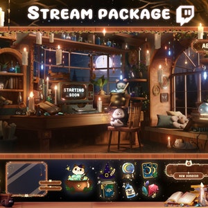 Pacote de sobreposição de fluxo Halloween Cozy Magic room cat - Twitch Stream - Sobreposição de fluxo - Sobreposições de Twitch - Sobreposições de fluxo Bruxa de Halloween