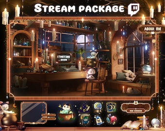 Cozy Magic Cat Room Stream Overlay Package – Lofi Twitch Screens