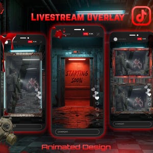 May include: A digital livestream overlay set for mobile devices featuring a dark, industrial horror theme with red blood splatters, a gas mask graphic, and the text "LIVESTREAM OVERLAY", "STARTING SOON", and "ANIMATED DESIGN" in a bold red font.
