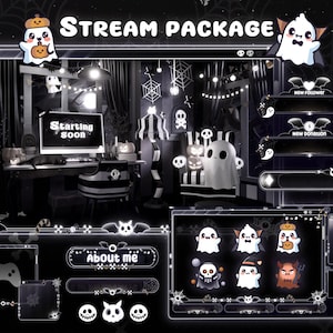 Op de afbeelding: Een zwart-wit Halloween-thema stream pakket met verschillende overlays en graphics. Het ontwerp bevat spookkarakters, vleermuizen en spinnenwebben. De tekst "STREAM PACKAGE" en "Starting soon" zijn zichtbaar.