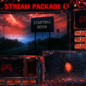 Könnte beinhalten: Ein digitales Stream-Paket mit einem dunklen, bedrohlichen Thema. Das Design zeigt eine Straßenszene mit einem Schild mit der Aufschrift „Starting Soon“. Das obere Banner lautet „Stream Package“. Enthält Overlays für Chat, Benachrichtigungen und ein Controller-Symbol.