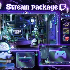 Pacote de sobreposição de fluxo Sala mágica aconchegante Gato roxo - Twitch Stream - Sobreposição de fluxo - Lofi Twitch Overlays - Sobreposições de fluxo Bruxa de Halloween
