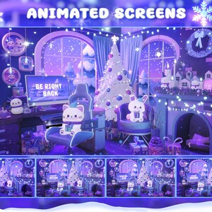 Puede incluir: Imagen de protector de pantalla animado con tema invernal. La escena presenta un &aacute;rbol de Navidad decorado, una chimenea y un escritorio con una computadora que muestra "BE RIGHT BACK". Hay lindos personajes de gato y conejo. La paleta de colores es principalmente azul y blanco.