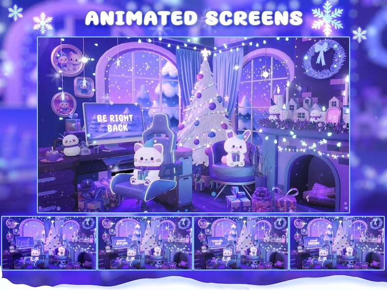 Puede incluir: Imagen de protector de pantalla animado con tema invernal. La escena presenta un &aacute;rbol de Navidad decorado, una chimenea y un escritorio con una computadora que muestra "BE RIGHT BACK". Hay lindos personajes de gato y conejo. La paleta de colores es principalmente azul y blanco.