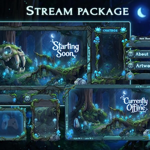 Puede incluir: Un paquete de transmisión de arte digital con un tema de bosque de fantasía. El paquete incluye pantallas superpuestas con el texto "Stream Package", "Starting Soon" y "Currently Offline". El diseño presenta un cráneo de dientes de sable, hongos brillantes y una luna.