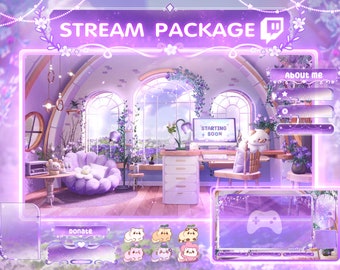 Stream Overlay Package Cozy Purple Flowers Room - Écrans de stream Twitch - Superposition de stream - Superpositions de Lofi Twitch - Scènes de stream - Superpositions