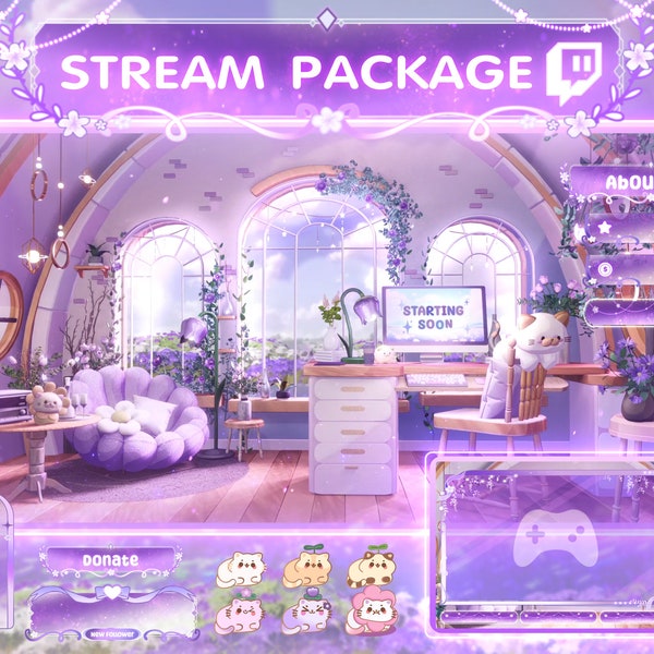 Stream Overlay Package Cozy Purple Flowers Room - Écrans de stream Twitch - Superposition de stream - Superpositions de Lofi Twitch - Scènes de stream - Superpositions
