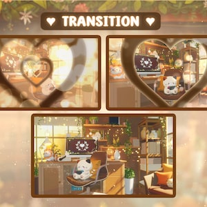 Puede incluir: Una acogedora oficina en casa con un gato de peluche blanco sentado en una silla frente a una computadora. La pantalla de la computadora tiene un dise&ntilde;o en forma de coraz&oacute;n con el texto "TRANSITION" en ella. La habitaci&oacute;n est&aacute; decorada con plantas, una l&aacute;mpara y una estanter&iacute;a.