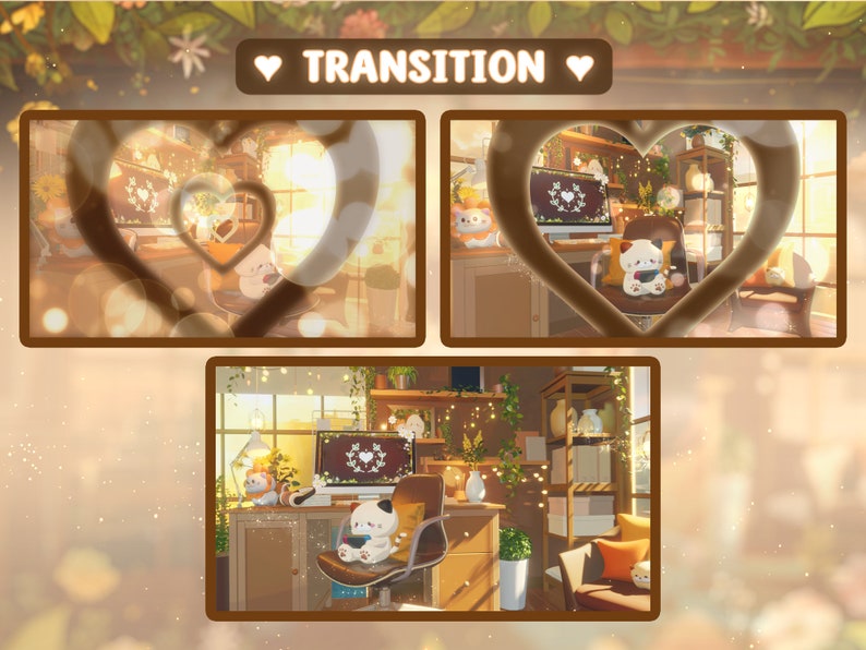 Puede incluir: Una acogedora oficina en casa con un gato de peluche blanco sentado en una silla frente a una computadora. La pantalla de la computadora tiene un dise&ntilde;o en forma de coraz&oacute;n con el texto "TRANSITION" en ella. La habitaci&oacute;n est&aacute; decorada con plantas, una l&aacute;mpara y una estanter&iacute;a.