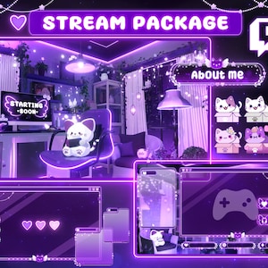 Pacote de sobreposição de stream Cosy Purple room cat - Twitch Stream Screens - Neon Stream Overlay - Lofi Twitch Overlays - Stream Scenes - Overlays