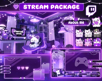 Pacchetto sovrapposizione streaming Gatto accogliente della stanza viola - Schermate streaming Twitch - Sovrapposizione flusso neon - Sovrapposizioni Twitch Lofi - Scene streaming - Sovrapposizioni