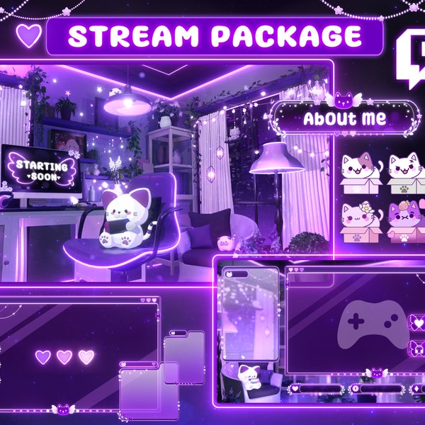 Stream Overlay Package Cozy Purple room cat - Twitch Stream Screens - Neon Stream Overlay - Lofi Twitch Overlays - Stream Scenes -  Overlays