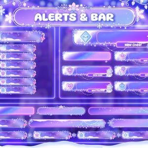Puede incluir: Un dise&ntilde;o de superposici&oacute;n digital con tem&aacute;tica invernal. El dise&ntilde;o presenta una combinaci&oacute;n de colores p&uacute;rpura y azul con gr&aacute;ficos de copos de nieve y mu&ntilde;ecos de nieve. El texto "ALERTS & BAR" se muestra en la parte superior. Incluye barras de alerta.