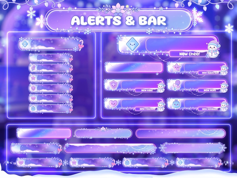 Puede incluir: Un dise&ntilde;o de superposici&oacute;n digital con tem&aacute;tica invernal. El dise&ntilde;o presenta una combinaci&oacute;n de colores p&uacute;rpura y azul con gr&aacute;ficos de copos de nieve y mu&ntilde;ecos de nieve. El texto "ALERTS & BAR" se muestra en la parte superior. Incluye barras de alerta.