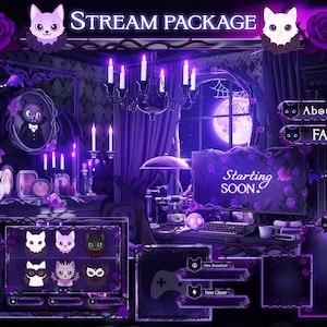 Paquete de superposiciones de transmisión de Halloween Ghost Purple Room: Pantallas de Twitch de gato lofi (descarga digital)