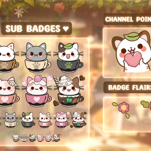 Puede incluir: Un conjunto de insignias digitales con lindos gatos de dibujos animados en tazas de caf&eacute;. Las insignias est&aacute;n dise&ntilde;adas para usar en los canales de Twitch o YouTube. Las insignias incluyen una insignia de puntos de canal y adornos de insignias.