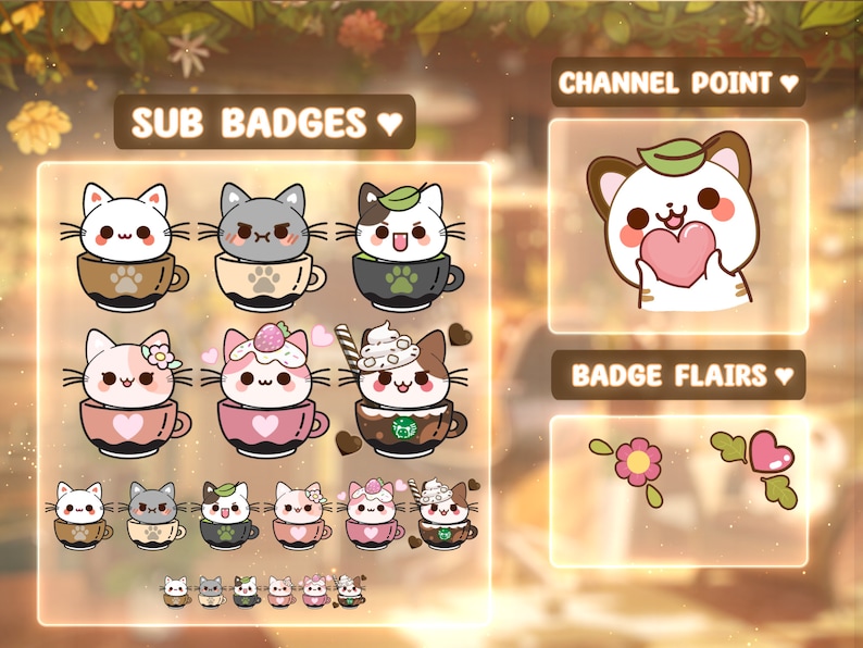 Puede incluir: Un conjunto de insignias digitales con lindos gatos de dibujos animados en tazas de caf&eacute;. Las insignias est&aacute;n dise&ntilde;adas para usar en los canales de Twitch o YouTube. Las insignias incluyen una insignia de puntos de canal y adornos de insignias.