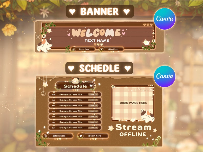 Puede incluir: Una pancarta de transmisi&oacute;n de Twitch marr&oacute;n y beige con una ilustraci&oacute;n de un gato y el texto "WELCOME" y "TEXT NAME". La pancarta tambi&eacute;n incluye un horario con los d&iacute;as de la semana y el texto "Stream Offline".