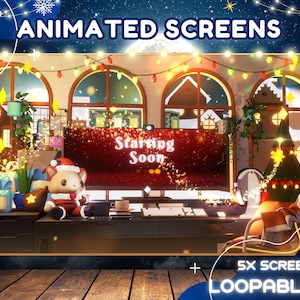 Könnte beinhalten: Animierter Weihnachts-Bildschirmschoner mit einer festlichen Szene eines gemütlichen Raumes, der mit Lichtern und einem Weihnachtsbaum geschmückt ist. Der Bildschirm zeigt den Text "Starting Soon" in einem roten Kasten an. Der Bildschirmschoner ist 5x Bildschirm-Schleife.