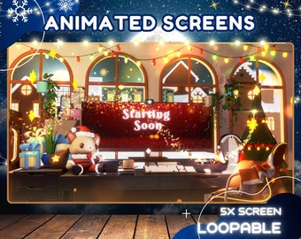 May include: Animated Christmas-themed screensaver with a festive scene of a cozy room decorated with lights and a Christmas tree. The screen displays the text "Starting Soon" in a red box. The screensaver is 5x screen loopable.