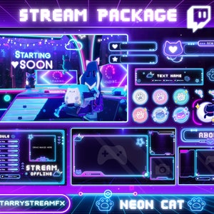 Stream Overlay Package Lofi neon cat - Twitch Stream Screens - Neon Stream Overlay - Twitch Overlays - Stream Scenes -  Overlays - Purple
