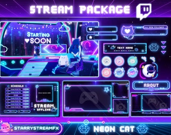 Paquete de superposiciones de transmisión de gatos neón lofi: Pantallas de Twitch (descarga digital)