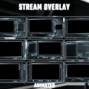 K&ouml;nnte beinhalten: Ein digitales Stream-Overlay mit futuristischem Design. Das Overlay hat neun Abschnitte, jeder mit einem anderen Layout und einem leuchtend blauen Rand. Der Text "STREAM OVERLAY" befindet sich oben im Bild, und der Text "ANIMATED" befindet sich unten.