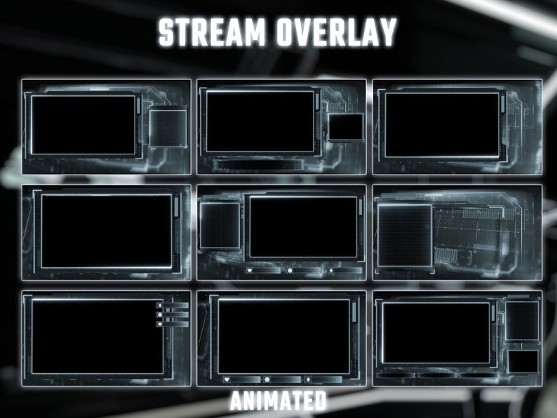 K&ouml;nnte beinhalten: Ein digitales Stream-Overlay mit futuristischem Design. Das Overlay hat neun Abschnitte, jeder mit einem anderen Layout und einem leuchtend blauen Rand. Der Text "STREAM OVERLAY" befindet sich oben im Bild, und der Text "ANIMATED" befindet sich unten.