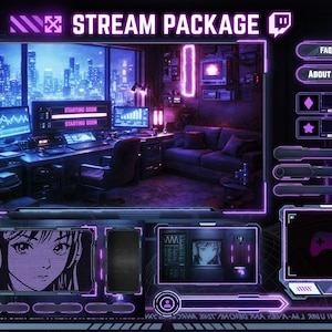 Peut inclure: Un ensemble de streaming numérique au design futuriste. L'image présente une pièce avec plusieurs écrans d'ordinateur, un canapé et des accents violets néon. Le pack comprend des panneaux pour FAQ, À propos de moi et d'autres éléments de streaming. Le texte "STREAM PACKAGE" est affiché en haut.