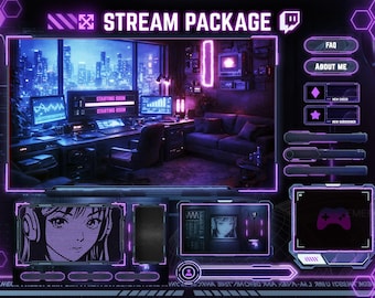 Animated Neon Stream Overlays Package, Cyberpunk Screens, Purple (Digital Download)