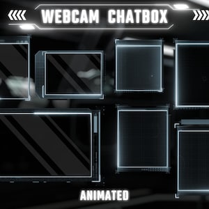 K&ouml;nnte beinhalten: Ein digitales Overlay mit dem Text "WEBCAM CHATBOX" und dem Wort "ANIMATED" unten. Das Overlay hat mehrere rechteckige Rahmen mit einem Gittermuster, die sich f&uuml;r die Anzeige von Videos oder Text eignen.
