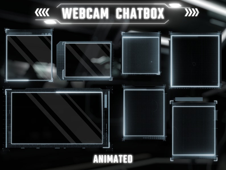 K&ouml;nnte beinhalten: Ein digitales Overlay mit dem Text "WEBCAM CHATBOX" und dem Wort "ANIMATED" unten. Das Overlay hat mehrere rechteckige Rahmen mit einem Gittermuster, die sich f&uuml;r die Anzeige von Videos oder Text eignen.
