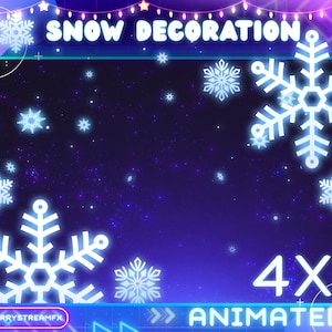 Op de afbeelding: Geanimeerde sneeuwdecoratie met een blauwe en paarse achtergrond. De decoratie heeft vier witte sneeuwvlokken met een neon-gloed. De tekst "SNOW DECORATION" staat bovenaan de afbeelding en "4X ANIMATED" onderaan.