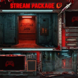 Può includere: Un pacchetto di streaming digitale a tema horror. Il design presenta una siringa insanguinata, una combinazione di colori rosso e grigio e le parole "STREAM PACKAGE" in rosso. Il pacchetto include una schermata "Starting Soon" e una grafica del controller di gioco.