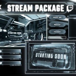 May include: A Twitch stream package design with a futuristic theme. The design includes a starting soon screen, a chat window, and a section for social media links. The design is in shades of blue and white.