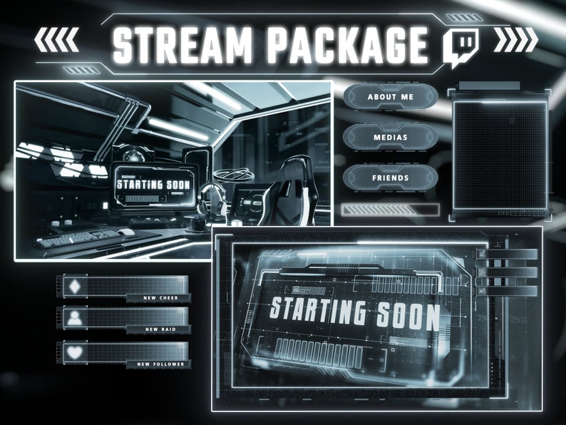 K&ouml;nnte beinhalten: Ein Twitch-Stream-Paketdesign mit futuristischem Thema. Das Design beinhaltet einen Startbildschirm, ein Chatfenster und einen Bereich f&uuml;r Social-Media-Links. Das Design ist in Blau- und Wei&szlig;t&ouml;nen gehalten.