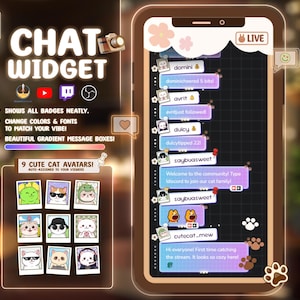 Può includere: Illustrazione digitale di un'interfaccia widget di chat su uno smartphone. Il widget presenta un indicatore "LIVE", fumetti di chat e simpatici avatar di gatti. Il testo include "CHAT WIDGET" e descrizioni delle funzionalità.