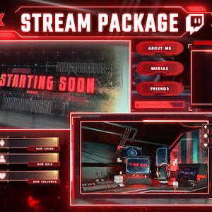 Pacote de sobreposição de fluxo sala de neon vermelho scifi - Telas de fluxo do Twitch - Sobreposição de fluxo de néon - Sobreposições do Twitch - Cenas de fluxo - Transmissão retrô