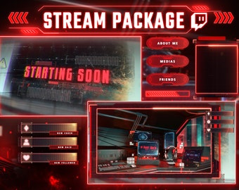 Stream Overlay Package scifi red neon room - Twitch Stream Screens - Neon Stream Overlay - Twitch Overlays - Stream Scenes - Retro Stream