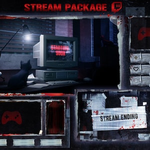 Può includere: Un pacchetto di streaming di arte digitale a tema horror. L'immagine presenta un computer desktop con "Starting Soon" sullo schermo, un gatto nero e vari elementi di sovrapposizione per lo streaming, tra cui un banner "Stream Ending".