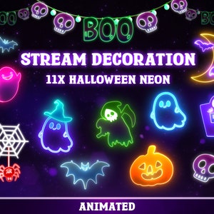 Pode incluir: Decorações de Halloween animadas de néon para streaming. Inclui um fantasma, uma teia de aranha, um morcego, uma abóbora, uma caveira e muito mais. O texto "BOO" e "STREAM DECORATION 11X HALLOWEEN NEON ANIMATED" está incluído na imagem.