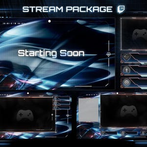 May include: A digital stream package with a futuristic design. The graphic features a dark blue and white abstract background with the text "Starting Soon." Includes overlay elements for streaming, such as follower and raid notifications.