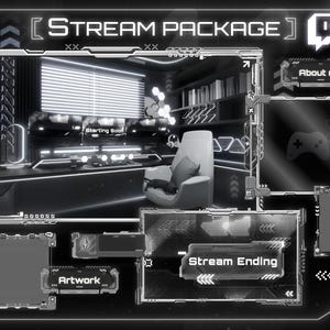 May include: A monochrome digital graphic of a streaming overlay package. The design features a virtual room with a chair, monitor, and bookshelves. Text includes "Stream Package", "Starting Soon", "Artwork", "About me", and "Stream Ending".