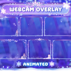 Puede incluir: Superposici&oacute;n de webcam animada con tem&aacute;tica invernal. El dise&ntilde;o presenta una combinaci&oacute;n de colores p&uacute;rpura y azul con copos de nieve, mu&ntilde;ecos de nieve y &aacute;rboles de Navidad. Se muestra el texto "WEBCAM OVERLAY" y "ANIMATED".