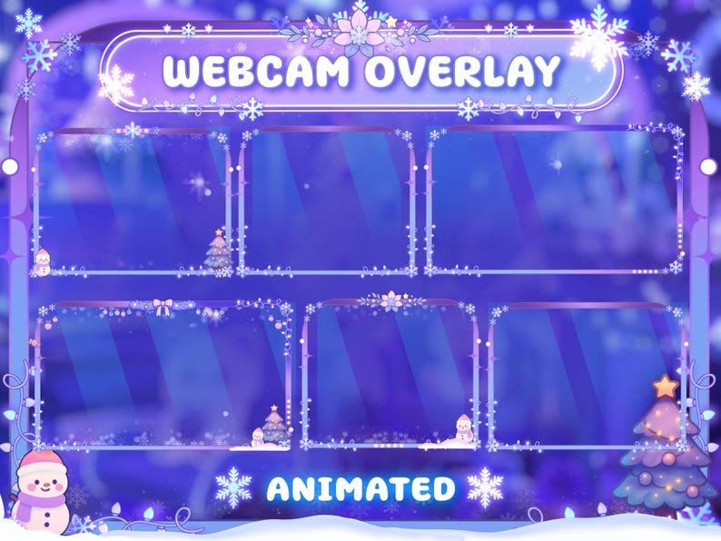 Puede incluir: Superposici&oacute;n de webcam animada con tem&aacute;tica invernal. El dise&ntilde;o presenta una combinaci&oacute;n de colores p&uacute;rpura y azul con copos de nieve, mu&ntilde;ecos de nieve y &aacute;rboles de Navidad. Se muestra el texto "WEBCAM OVERLAY" y "ANIMATED".