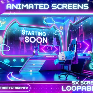 Animated Background - Neon - Twitch Stream Screens - Twitch Loading Screens - Animated Screens - Starting - Purple - Game Room - Cat